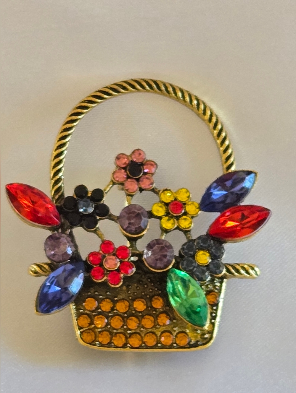 Gold Basket Floral Crystal Brooch — Multicolor Sparkle